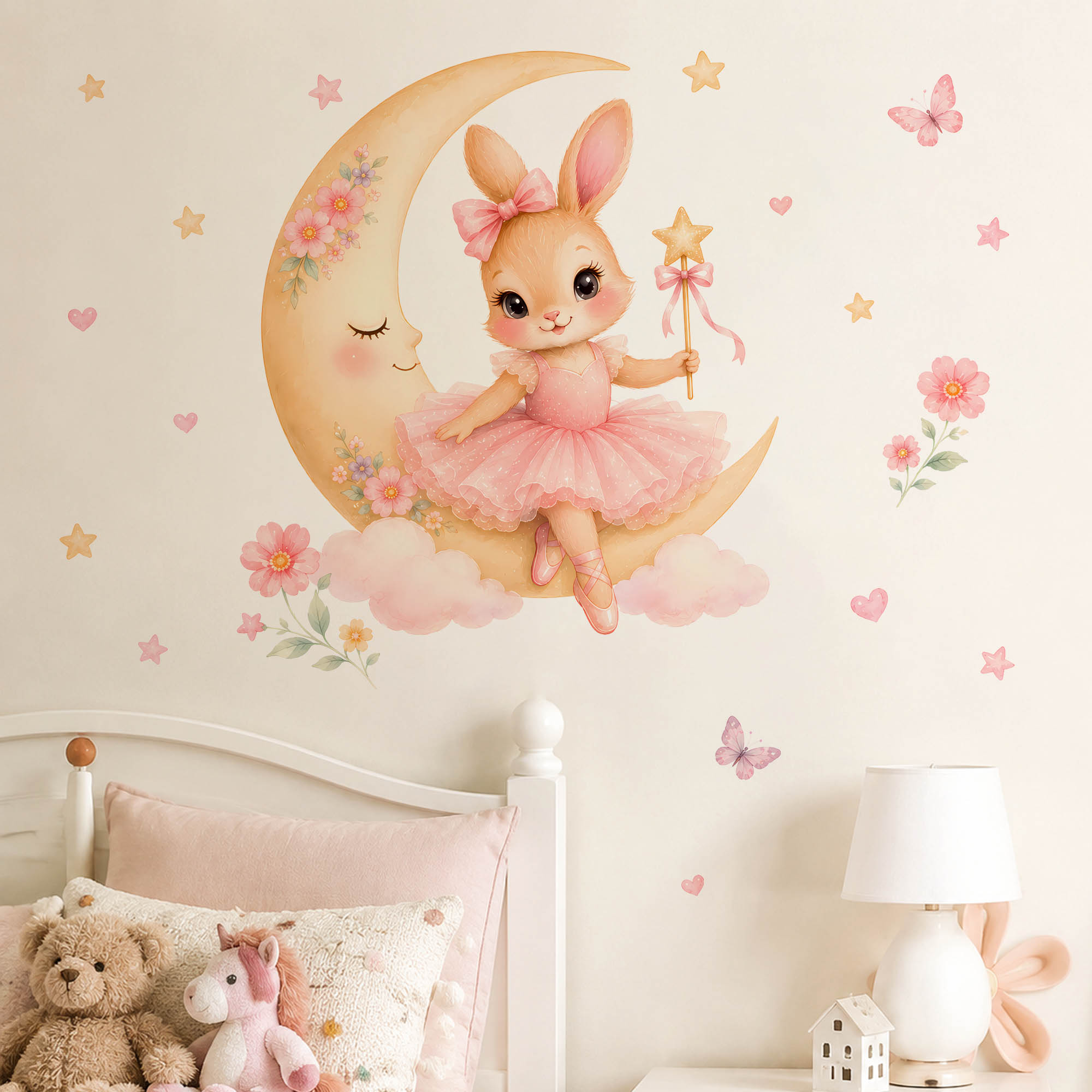 수채화 발레리나 토끼 달 벽 스티커 핑크 튀튀 토끼 별 - Baby Nursery Decor Girl 리뷰 및 가격